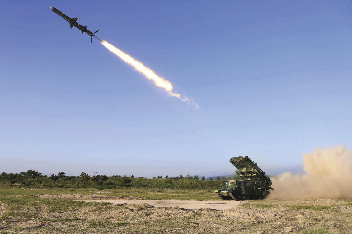 The North Korean government shows a test of a new type of cruise missile. (Korean Central News Agency/Korea News Service via AP)