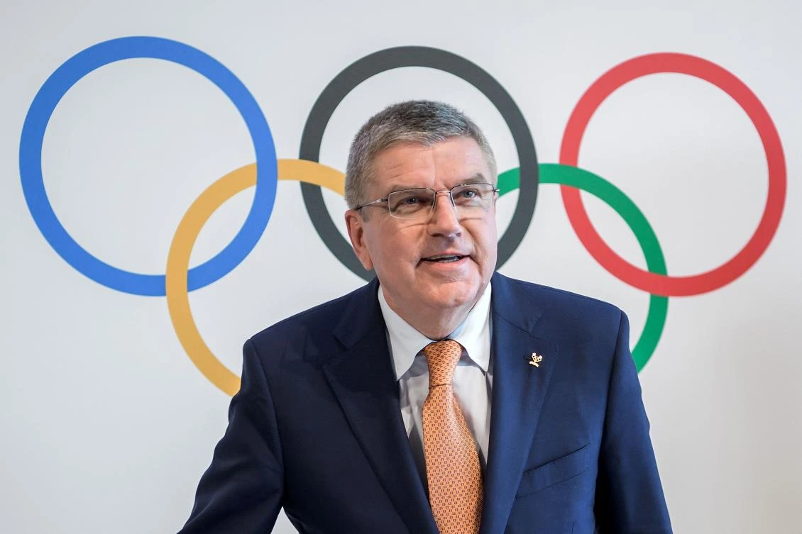 IOC President Thomas Bach attends a press conference at the Olympic Museum in Lausanne on Friday. IOC top brass recommended Friday that hosting rights for the 2024 and 2028 Olympics be awarded together, virtually assuring that rival bidders Paris and Los Angeles will both host the Games. (AFP)