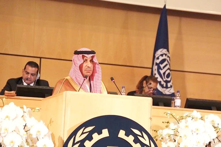 Labor Minister Ali bin Naseer Al-Ghafis addresses the International Labor Conference (ILC) in Geneva
on Wednesday.