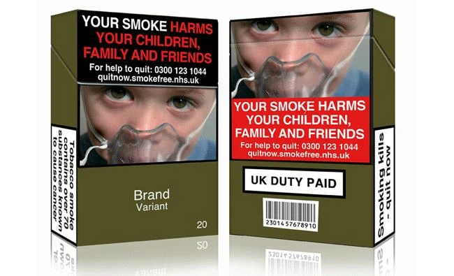 An undated handout image released by Action on Smoking and Health (UK) (ASH (UK)) in London on May 19, 2016 shows a mock-up design of a standardised cigarette pack. (AFP)