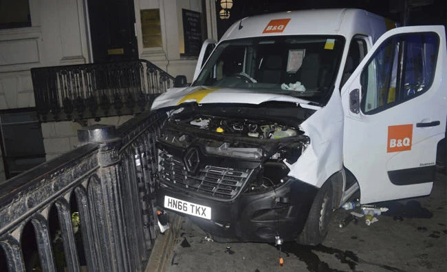An undated handout photo issued by the Metropolitan Police London and made available Saturday shows the van used in the London Bridge attacks of June 3. The ringleader of the London Bridge terror gang tried to hire a 7.5-ton truck hours before the attack, police have revealed. (Metropolitan Police London via AP)