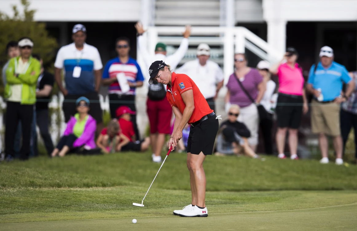 Alena Sharp, of Canada, putts on the 18th green during the second round of the Manulife LPGA Classic golf tournament at Whistle Bear Golf Club in Cambridge, Ontario, on Friday. (AP)