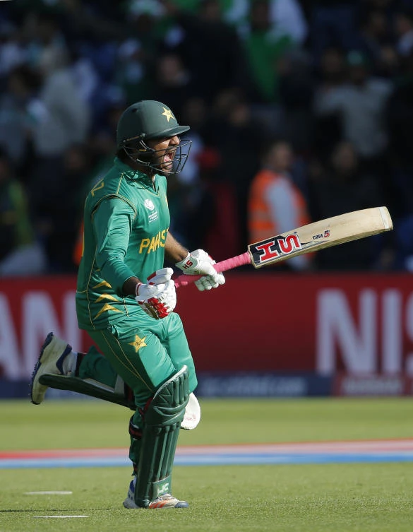 Pakistan's Sarfraz Ahmed celebrates his team's victory Monday at the end of the 2017 ICC Champions Trophy Group B match Sri Lanka vs. Pakistan at Sophia Gardens. (Reuters)