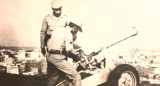 An old photo of the Ramadan cannon being fired in Madinah.
