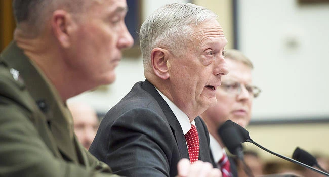 US Secretary of Defense James Mattis (C) and Chairman of the Joint Chiefs of Staff General Joseph Dunford, Jr., (L), testify during a US House Armed Services Committee hearing on the Fiscal Year 2018 budget on Capitol Hill in Washington, DC, on Monday. (AFP)