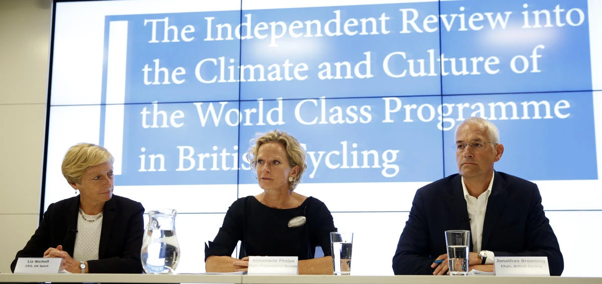 Annamarie Phelps, chair of the report, Independent Review into the Climate and Culture of the World Class programme in British Cycling, speaks at a press conference as the report is published in London Wednesday. The report exposed failings by the leadership of British Cycling, which won 12 medals on the track at the 2016 Rio de Janeiro Olympics. At left is Liz Nicoll, CEO of UK Sport, and at right is Jonathan Browning, chair, British Cycling. (AP)