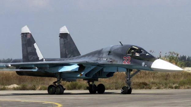 A Russian Sukhoi Su-34 bomber at Hmeimim air base in Syria. (AP)