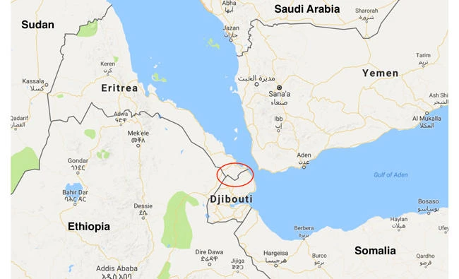 Google map showing the volatile border between Djibouti and Eritrea.
