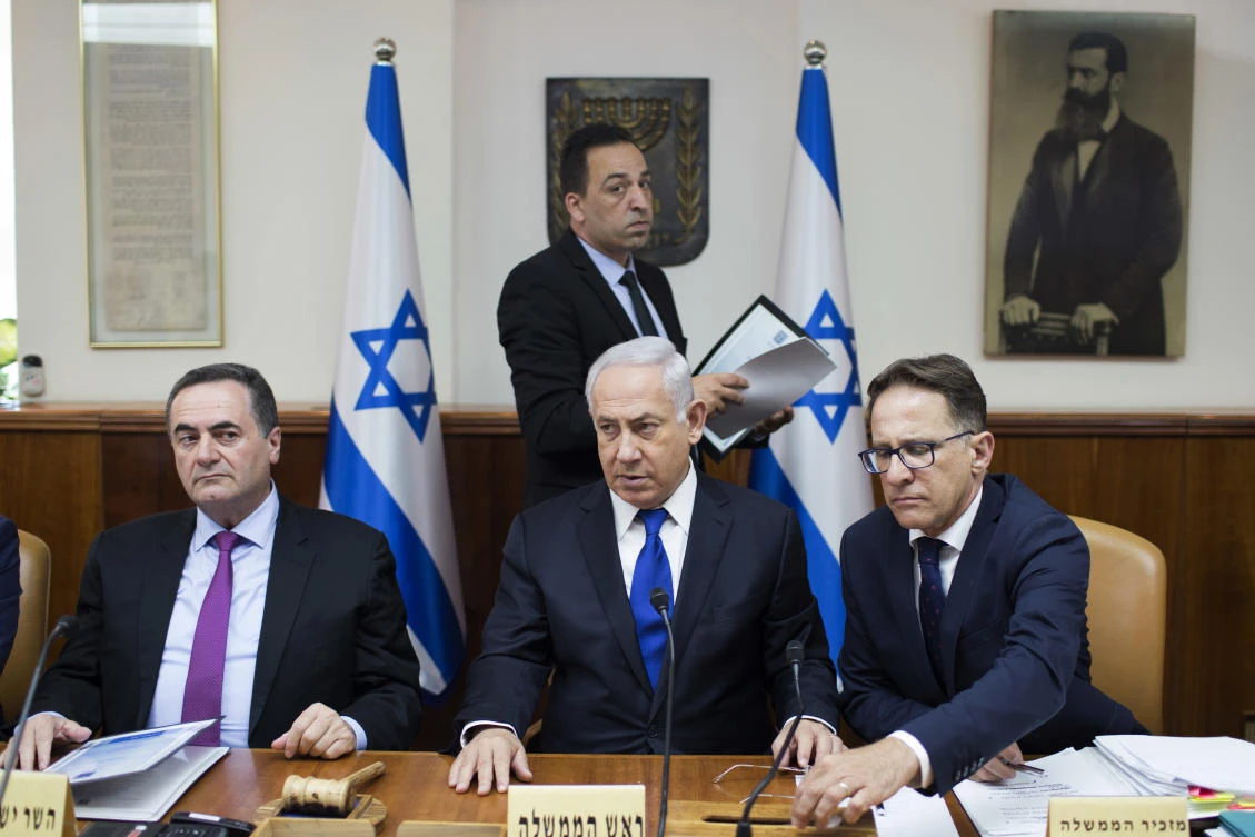 Israeli Prime Minister Benjamin Netanyahu, center seated, attends the weekly Cabinet meeting at his office in Jerusalem, on Sunday. (AP)