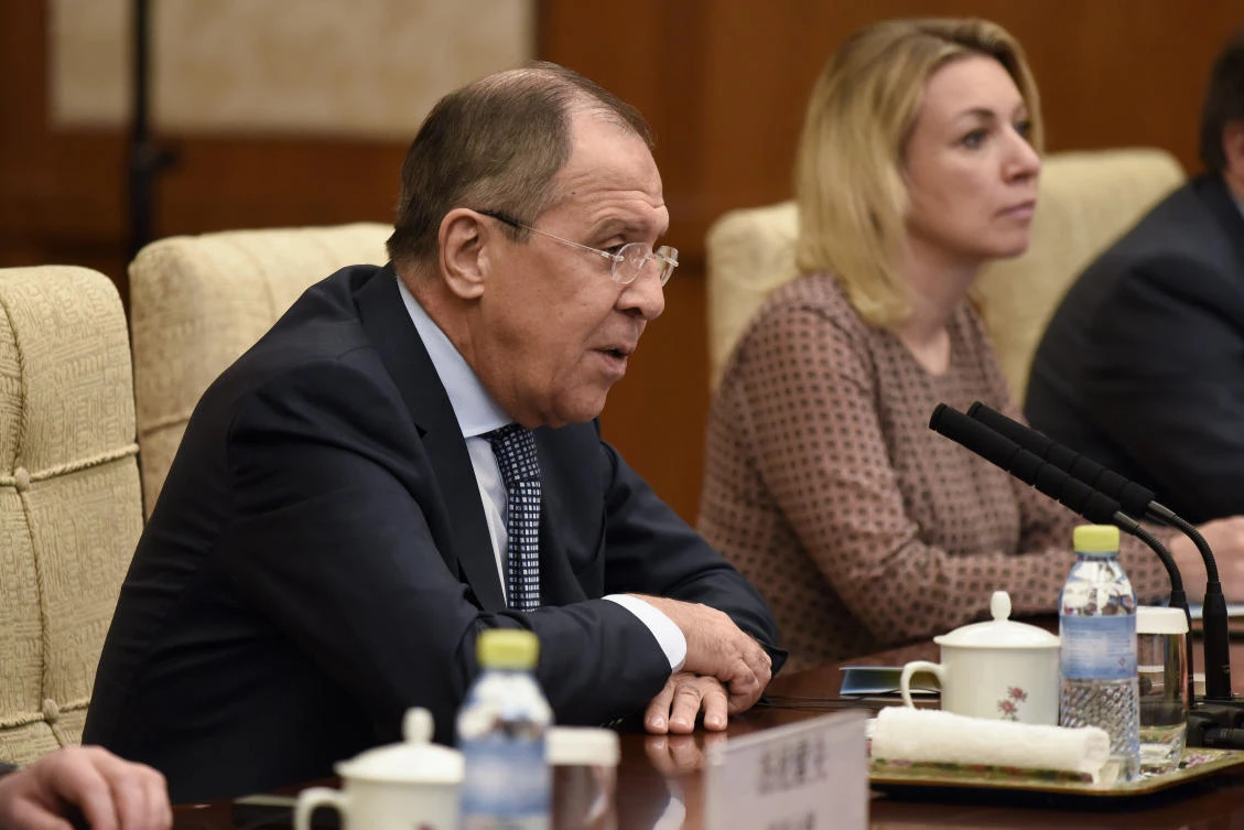Russian Foreign Minister Sergey Lavrov speaks during a meeting with his Chinese counterpart Wang Yi in Beijing on Sunday. (AP)