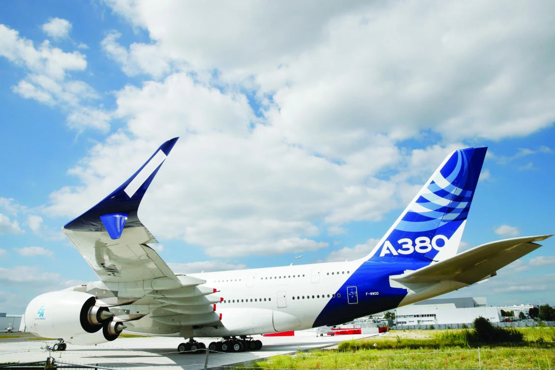 A new fuel-efficient wingtip extension or winglet is seen on an Airbus A380 at Le Bourget, France. (Reuters)