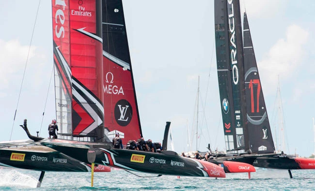 Emirates Team New Zealand heads down wind during the 35th America's Cup on Saturday in Hamilton, Bermuda. (AFP)