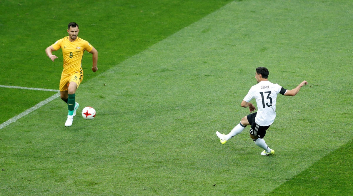 Germany's Lars Stindl scores their first goal against Australia in the FIFA Confederations Cup Group B match at Fisht Stadium in Sochi. (Reuters)
