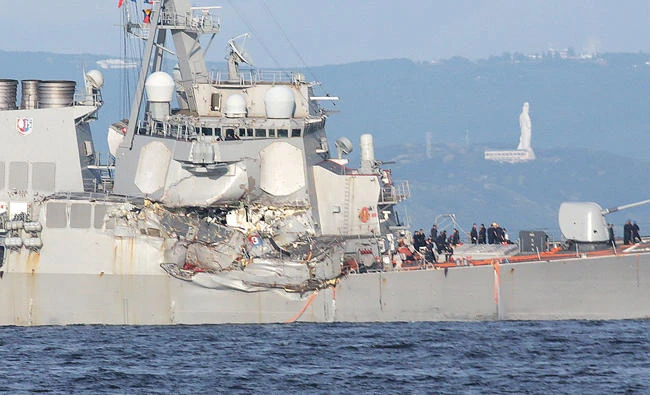 The damaged USS Fitzgerald is seen near the US Naval base in Yokosuka, southwest of Tokyo. (AP)