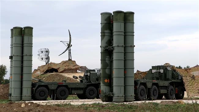Two Russian S-400 Triumf missile systems are seen at the Russian military base in Latakia province in the northwest of Syria. (AFP)