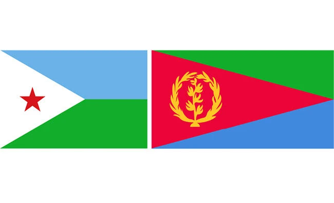 The national flags of Djibouti, left, and Eritrea.