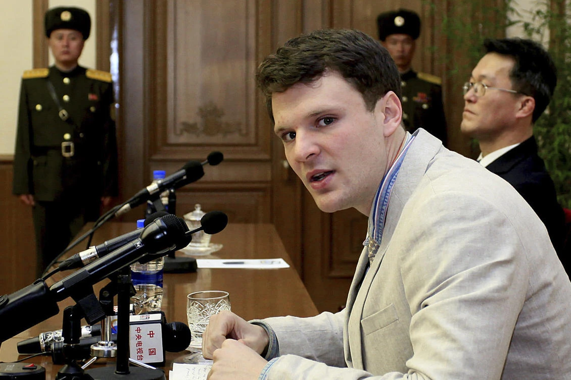 FILE - In this Feb. 29, 2016, file photo, American student Otto Warmbier speaks as he is presented to reporters in Pyongyang, North Korea. Warmbier, an American college student who was released by North Korea in a coma last week after almost a year and a half in captivity, died Monday, June 19, his family said. (AP)