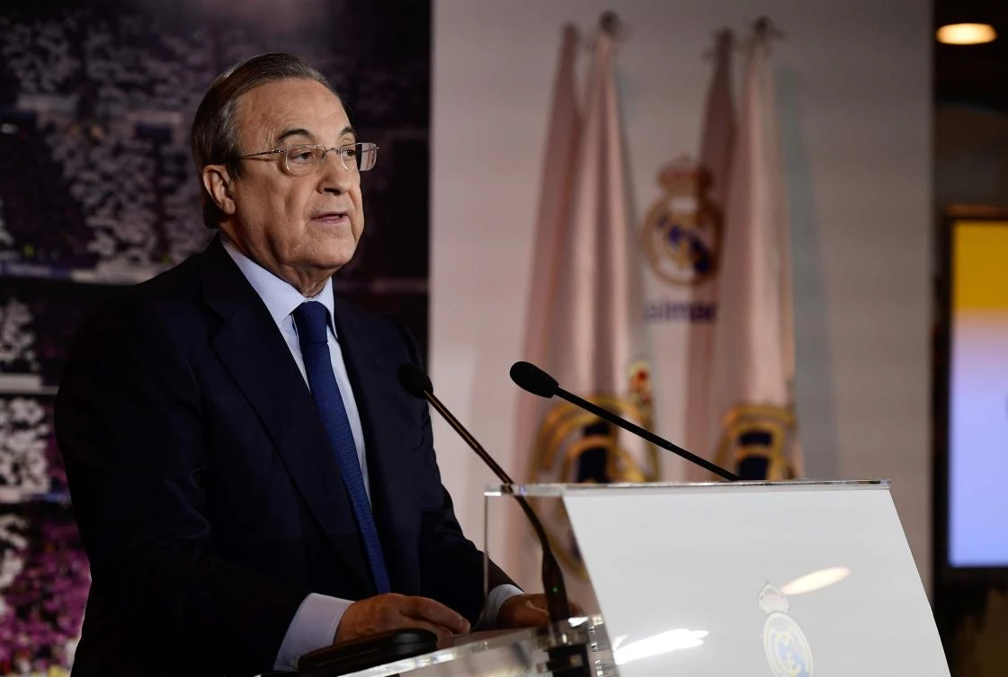 Real Madrid president, Florentino Perez, speaks during a press conference after his re-election for the club's presidency at the Santiago Bernabeu stadium in Madrid on Monday. (AFP)