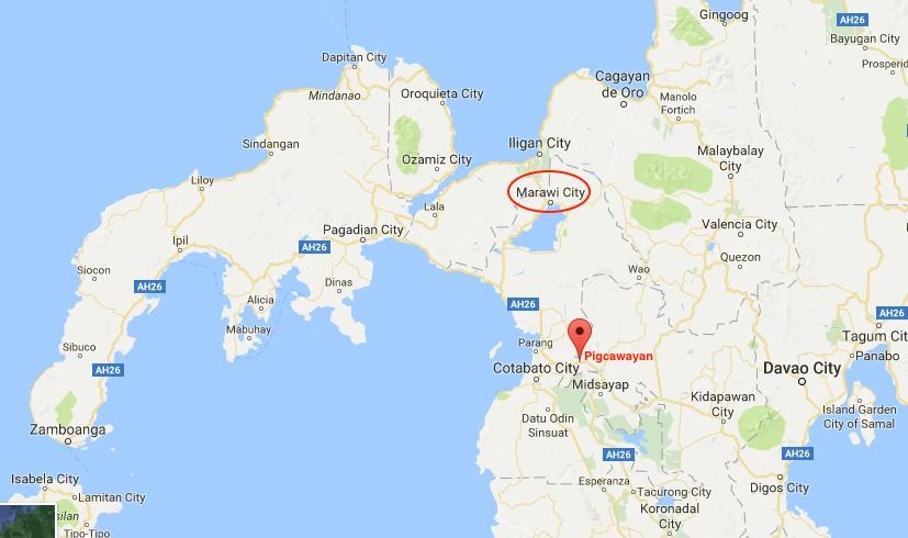Google map showing Marawi in the southern Philippine island of Mindanao, where government troops are engaged in urban fighting with Daesh militants, and Pigcawayan town, where Daesh allies have staged a diversionary attack.