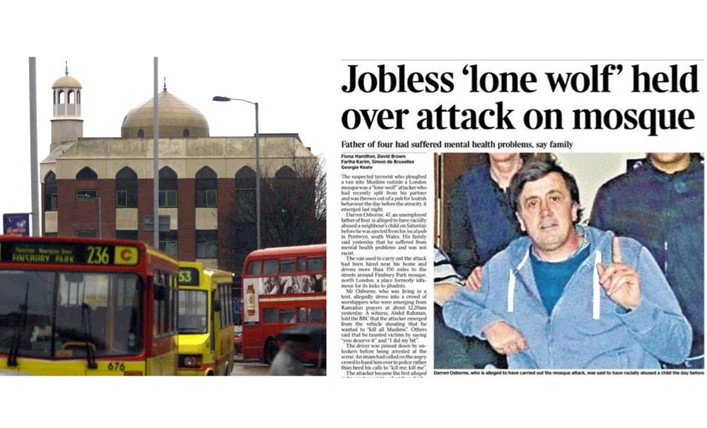 Worshippers near the Finsbury Park Mosque (left) were attacked on Monday; how The Times (right) reported the incident. (Reuters/The Times)