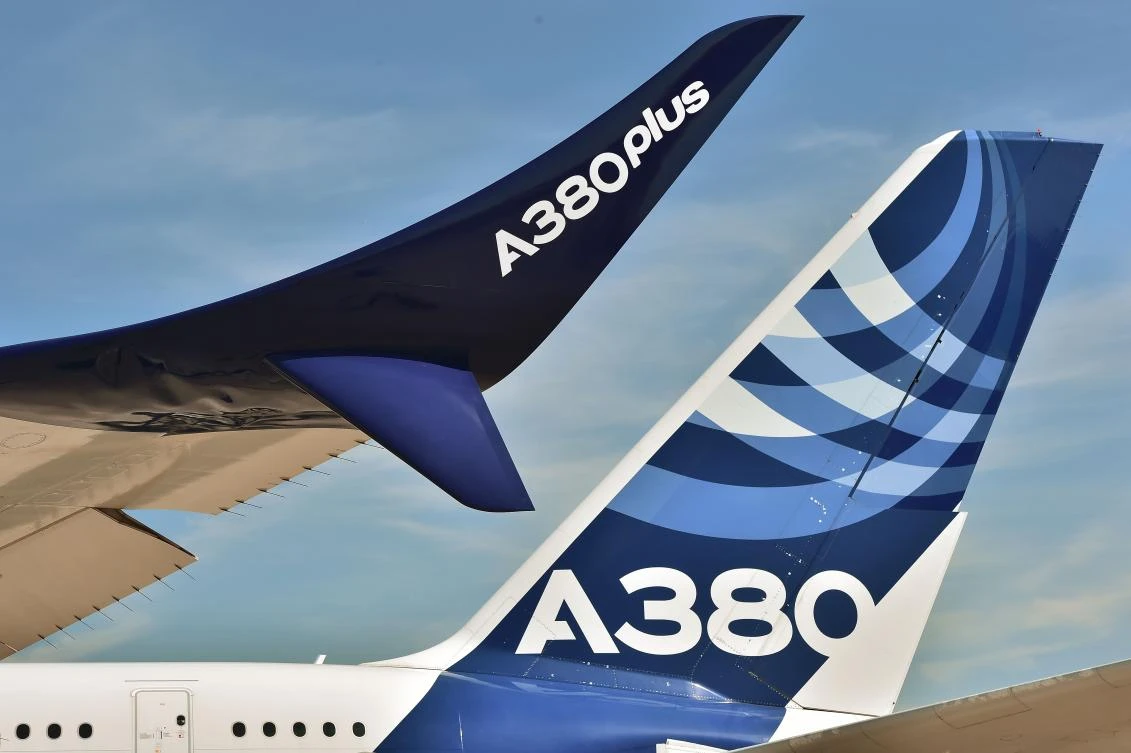 A wing and the tail of an Airbus A380. (AFP)