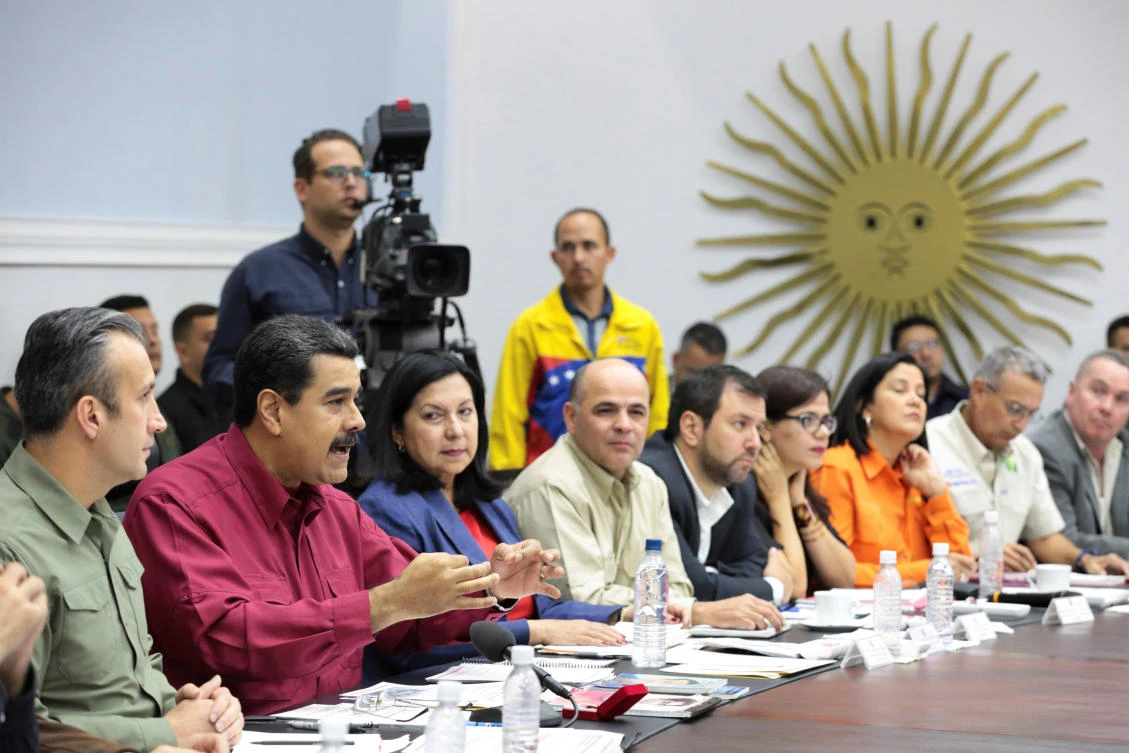 Venezuela's President Nicolas Maduro speaks during a meeting with ministers at Miraflores Palace in Caracas, Venezuela. (Miraflores Palacet via Reuters)