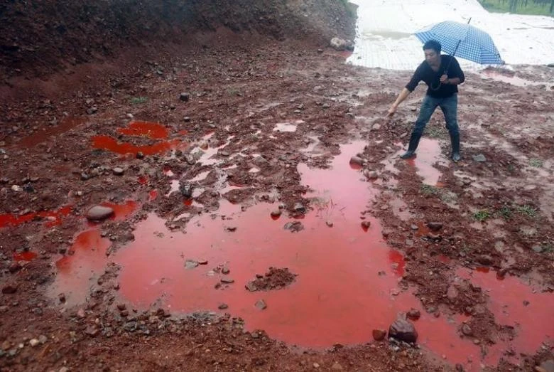 A man points to water and soil which turned red after being contaminated by industrial waste from a closed dye factory, amid heavy rainfall at a mountain in Ruyang county, Henan province September 15, 2014. (REUTERS)