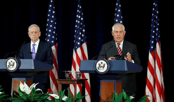 U.S. Secretary of State Rex Tillerson (R) and U.S. Secretary of Defense James Mattis hold a press conference following talks with Chinese diplomatic and defense chiefs at the State Department in Washington on June 21. (Reuters)