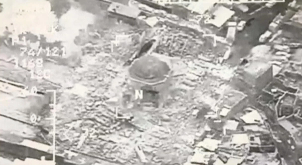 A still image taken from video shows a close up of the the destroyed Grand Al-Nuri Mosque of Mosul in Iraq, on Wednesday. (Reuters)
