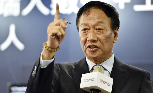 Terry Gou, Chairman of Taiwan's Foxconn, also known as Hon Hai gestures during a press conference in New Taipei City on Thursday. (AFP)