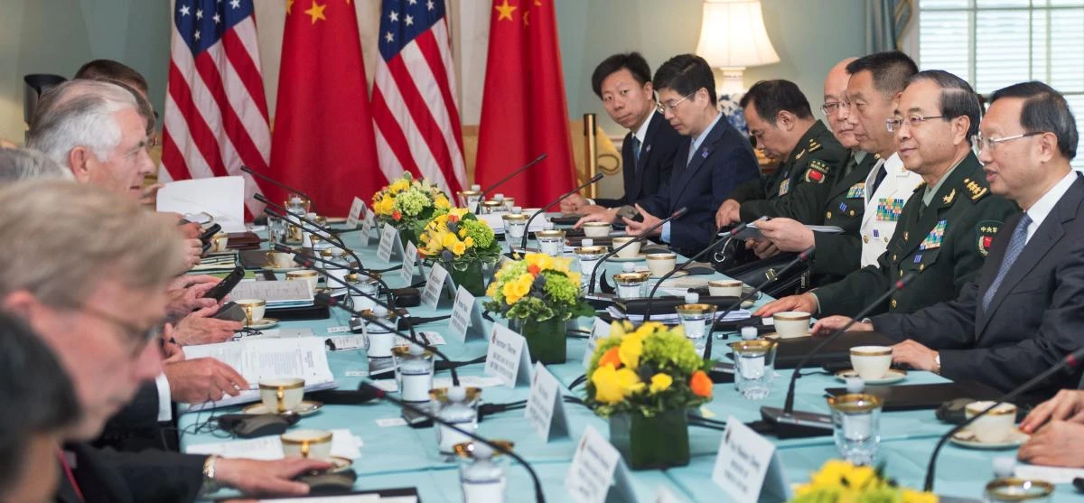 US Secretary of State Rex Tillerson, center left, and US Secretary of Defense Jim Mattis (obscured), hosts Chinese State Councilor Yang Jiechi, and Chief of the People's Liberation Army Joint Staff Department General Fang Fenghui, right, at the start of the US-China Diplomatic and Security Dialogue in the Thomas Jefferson room at the US Department of State in Washington earlier this week. (AFP)