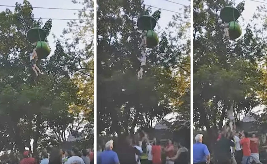 A series of frame grabs from a video posted on YouTube shows a girl falling from a park ride in New York as a crowd prepares to catch her. (Courtesy: Leeann Winchell video via AP)