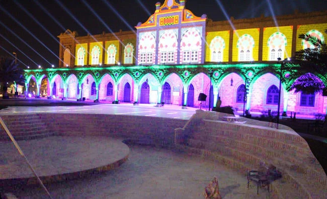 Al-Hijaz Railway building is decorated with colorful lights for Eid Al-Fitr.