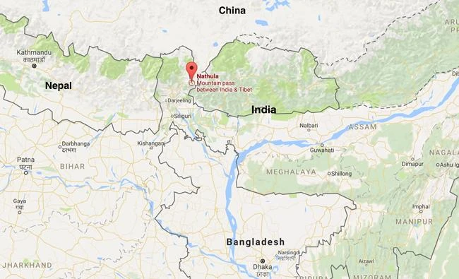 Google map showing the location of Nathu La Pass, which lies on the frontier between Sikkim state of India and Tibet in China.