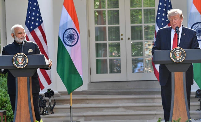 US President Donald Trump and Indian Prime Minister Narendra Modi speak during a joint press conference at the White House in Washington, D.C., on Monday. (AFP / Nicholas Kamm)