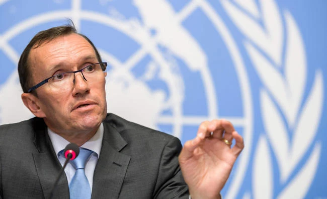 Special Advisor of the UN Secretary-General on Cyprus Espen Barth Eide speaks during a press conference on the eve the resumption of UN-backed talks aimed at reunifying Cyprus on June 27, 2017 at the United Nations offices in Geneva. (AFP)