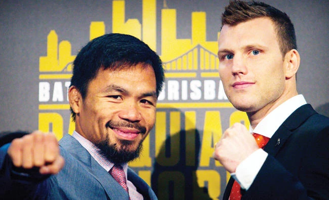 Philippine boxer Manny Pacquiao, left, and Australian challenger Jeff Horn pose after a press conference to promote their upcoming WBO welterweight boxing title fight at Suncorp Stadium in Brisbane on Wednesday. (AFP)