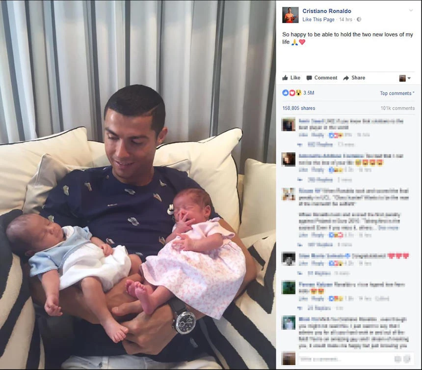 According to the Portuguese press, the twins, Mateo and Eva, were born on June 8 and their mother, who lives on the west coast of the United States, received 200,000 euros ($228,610). (AFP/Cristiano Ronaldo Facebook page)