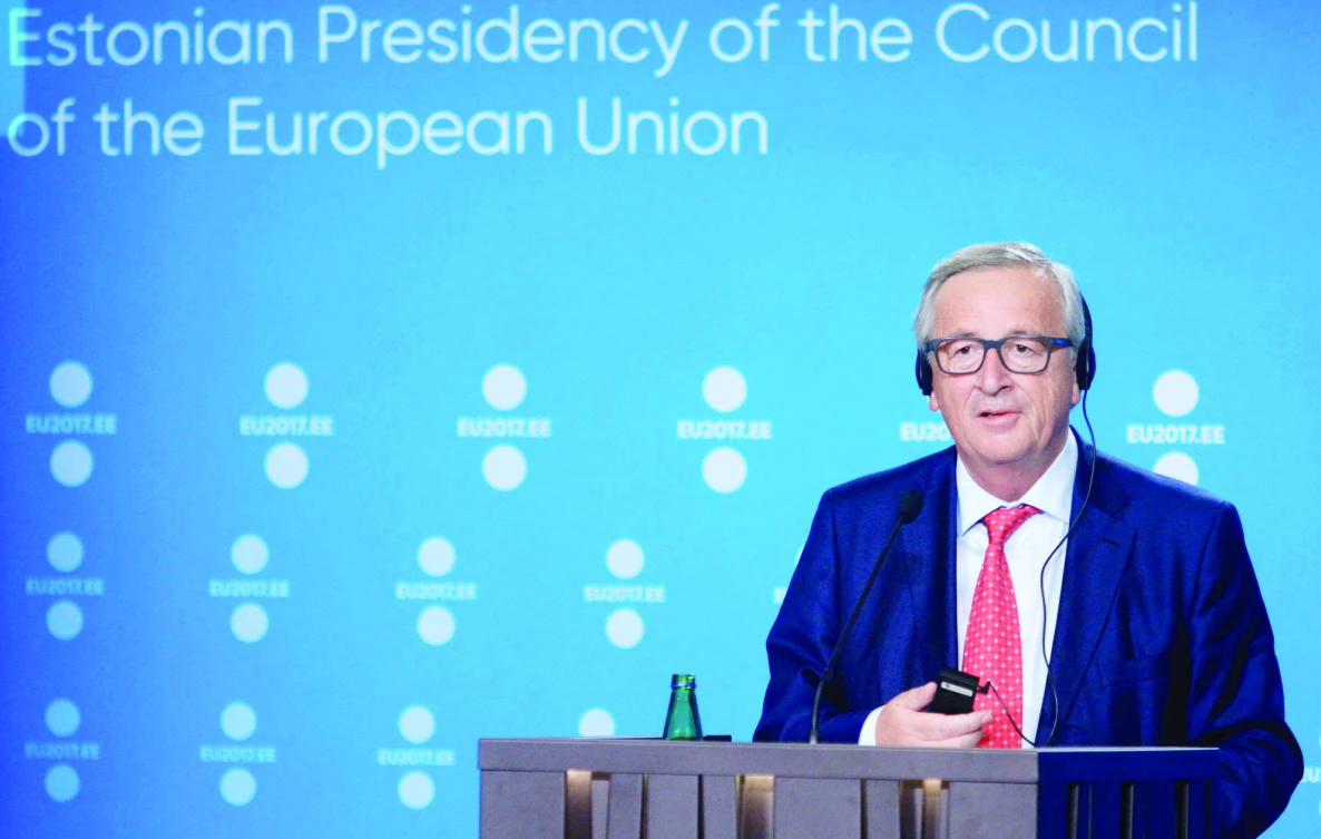 President of the European Commission Jean-Claude Juncker holds a press conference to mark the start of Estonia's six-month rotating EU presidency at the Creative Hub in Tallinn, on Friday. (AFP)