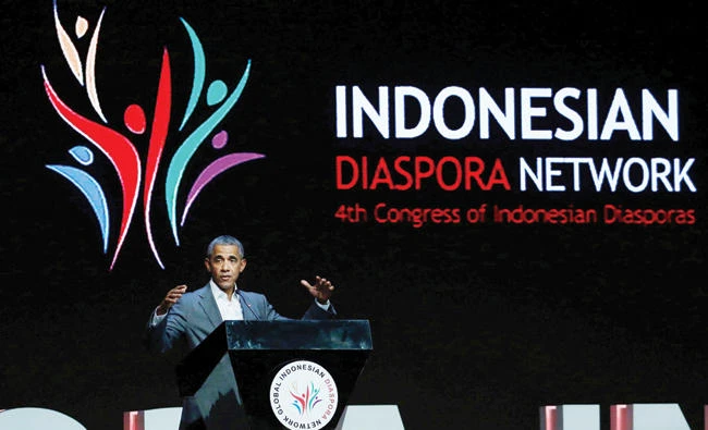 Former US President Barack Obama speaks at the Indonesian Diaspora Congress in Jakarta on Saturday. (Reuters)