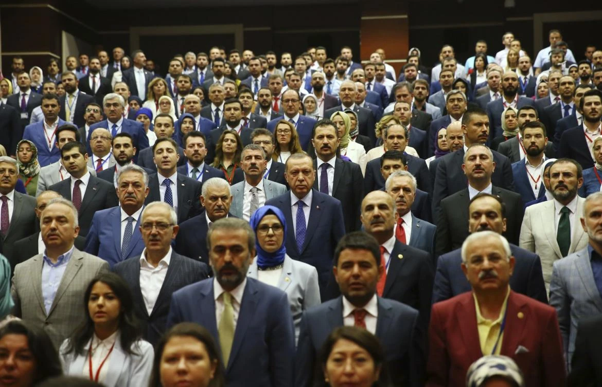 Turkey’s President Recep Tayyip Erdogan, centre, attends a meeting of his ruling Justice and Development party (AKP) in Ankara, Turkey, Saturday, July 1, 2017. (AP)