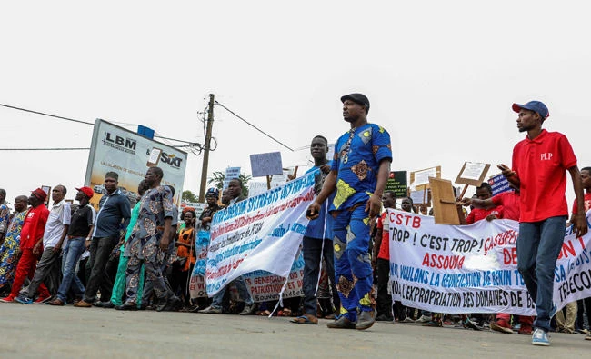 Demonstrators march during a protest against bad governance in Cotonou, Benin, in this file photo. (AFP)
