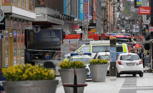 A truck crashed into department store Ahlens on Drottninggatan, in central Stockholm, Sweden April 7, 2017. (TT News Agency/Anders Wiklund/via REUTERS)