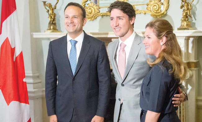 Canadian Prime Minister Justin Trudeau and his wife, Sophie Gregoire, with Irish Premier Leo Varadkar, left, in Dublin. (AP)