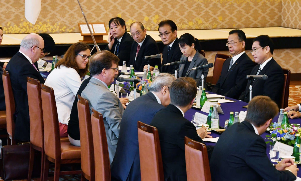 European Commission and Japanese officials meet as a part of the Japan-EU Economic Partnership Agreement negotiations at Iikura guest house in Tokyo on July 1, 2017. (Kyodo News via AP)