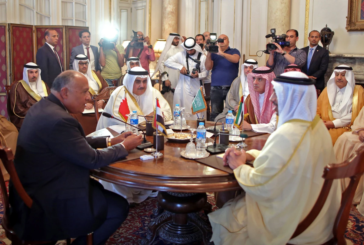 Egyptian Foreign Minister Sameh Shoukry (L), Bahraini Foreign Minister Khalid bin Ahmed al-Khalifa (2nd-L), Saudi Foreign Minister Adel al-Jubeir (2nd-R), and UAE Minister of Foreign Affairs and International Cooperation Abdullah bin Zayed Al-Nahyan (R) meet in the Egyptian capital Cairo on July 5, 2017, to discuss the Gulf diplomatic crisis with Qata. (AFP)