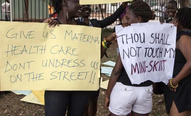 Women in Kampala protest against dress code and anti-pornography legislation (AFP)