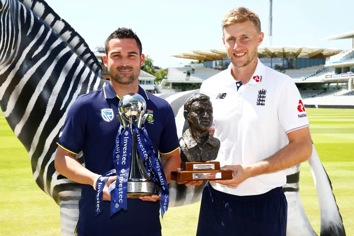 South Africa’s Dean Elgar,left, and England’s Joe Root pose with trophies Wednesday ahead of the England vs. South Africa first Test at Lord’s on Thursday. (Reuters)