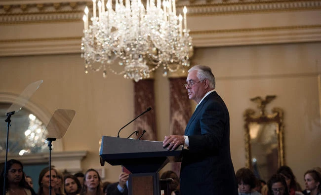 US Secretary of State Rex Tillerson speaks during an event about the 2017 Human Trafficking Report at the US State Department on June 27, 2017 in Washington, DC. A survey commissioned by the State Department found a high level of confusion and demoralization among the ranks of career diplomats and civil servants, who expressed concerns about their futures as well as the trajectory of American foreign policy. (AFP / Brendan Smialowski)
