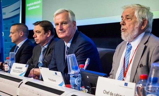Michel European commission member in charge of Brexit negotiations with Britain Michel Barnier, center, at the start of a European Economic and Social Committee in Brussels on Thursday. (AFP)